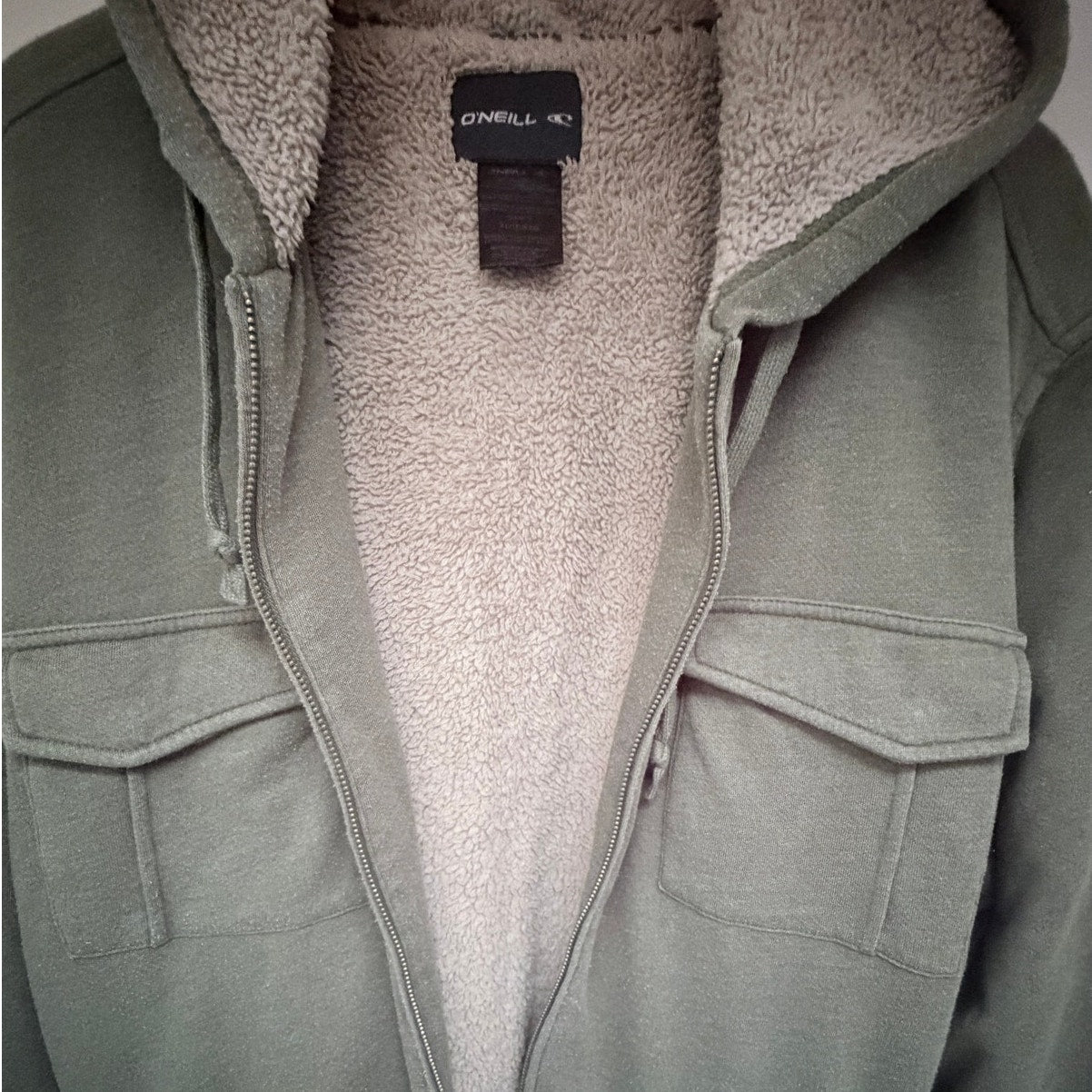 O'Neill Sherpa Lined Zip Hoodie Jacket Men XL Olive Green Full Zip Fleece Hooded