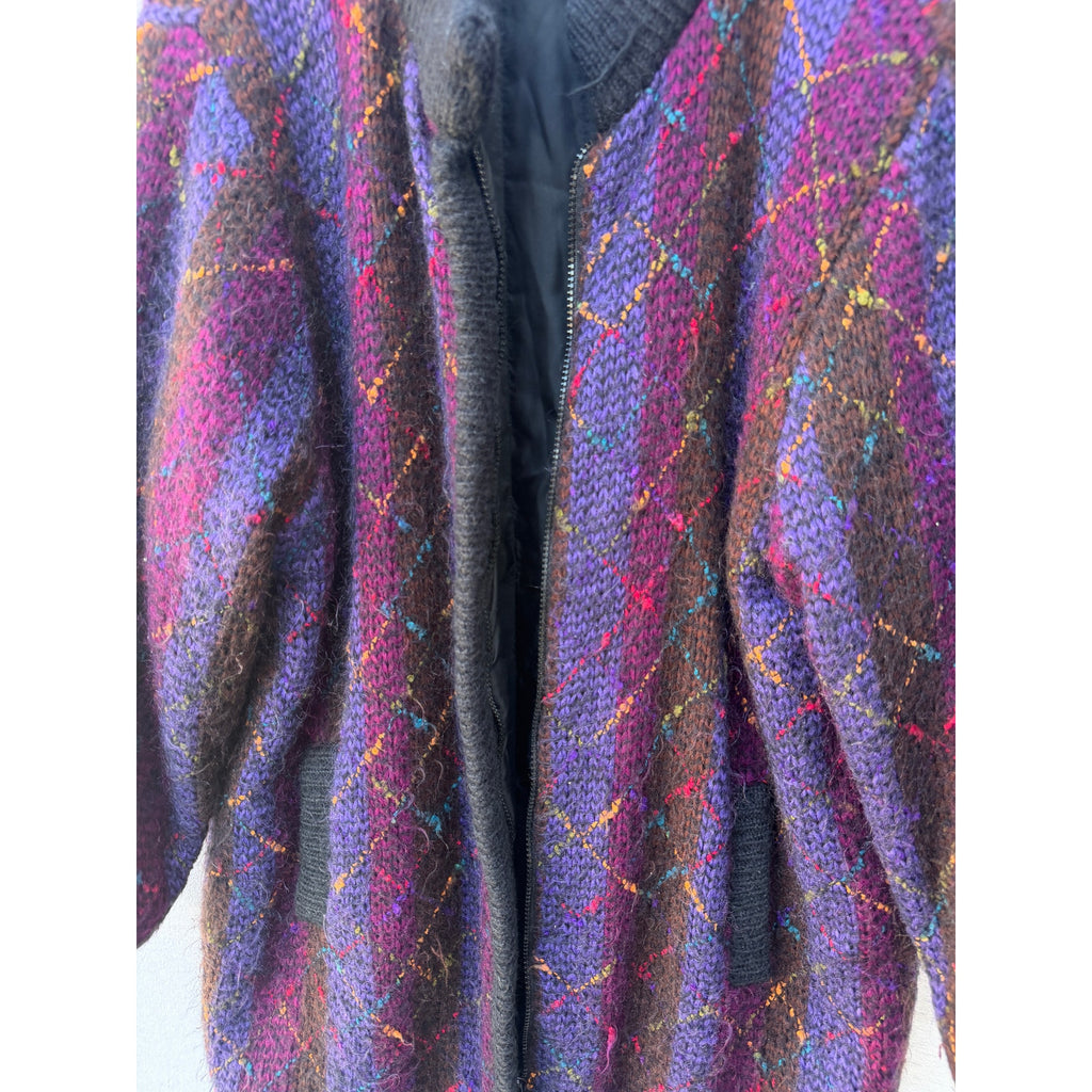 Fully Fashion Mohair Blend Cardigan Womens Medium Argyle Knit Oversized