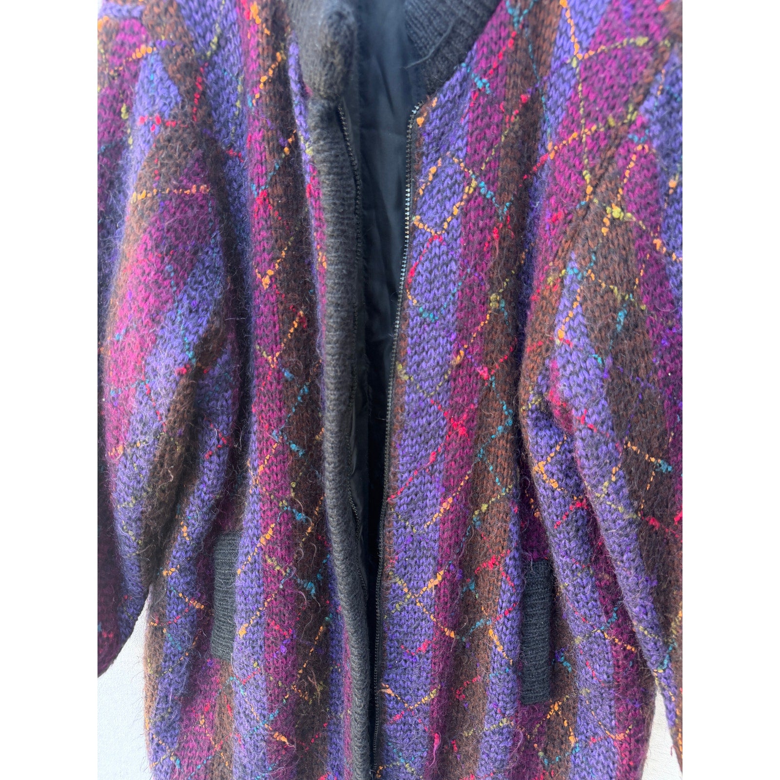 Fully Fashion Mohair Blend Cardigan Womens Medium Argyle Knit Oversized