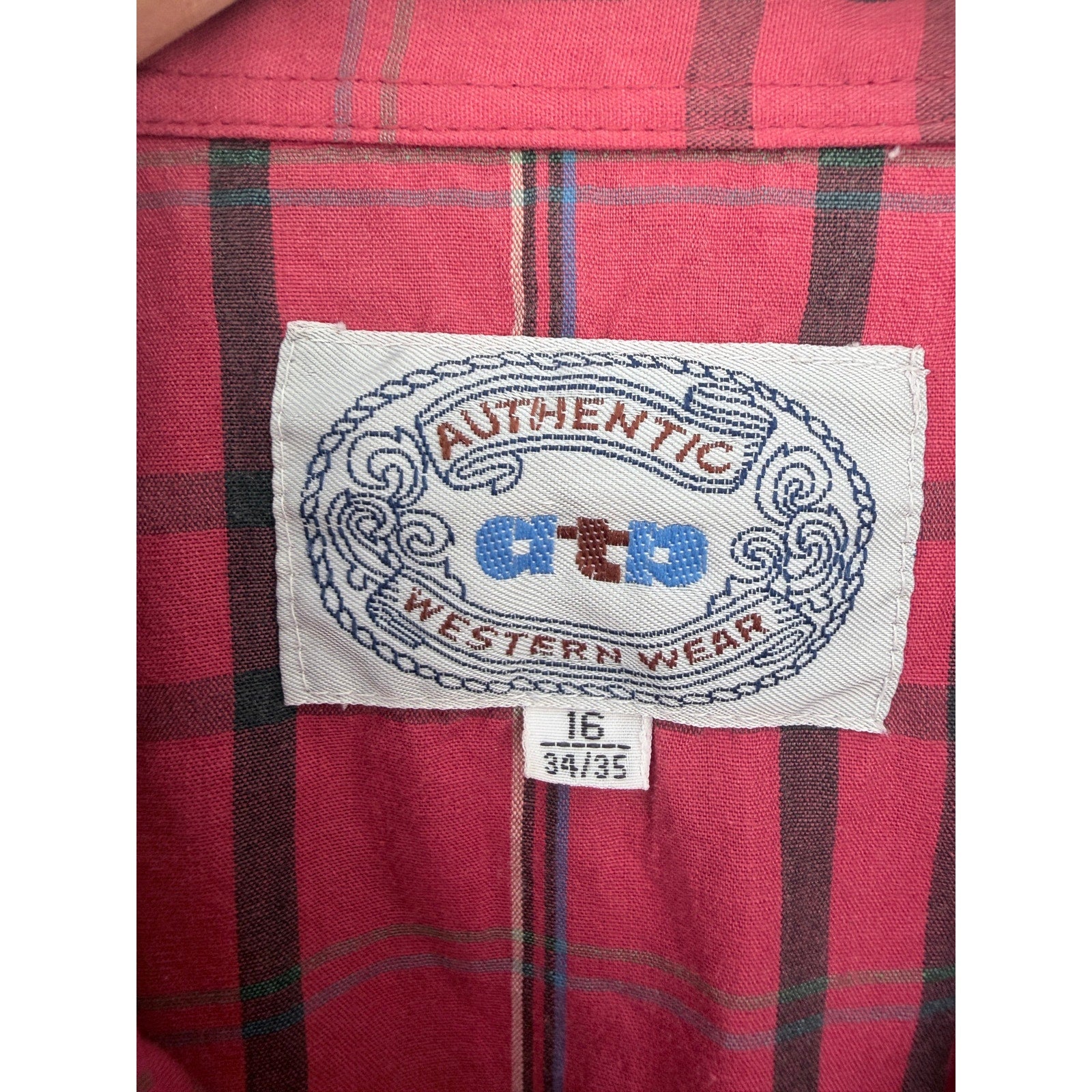 Authentic Western Wear Plaid Western Shirt Mens 16 34 Red Pearl Snap Cowboy