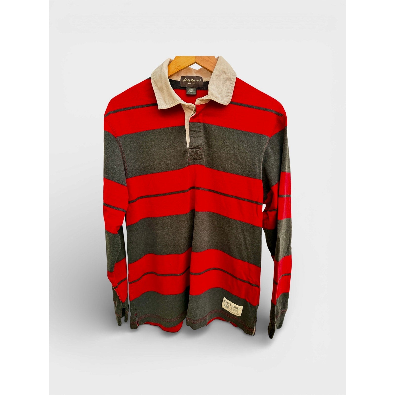 Eddie Bauer Striped Rugby Shirt Men's Medium Red Gray