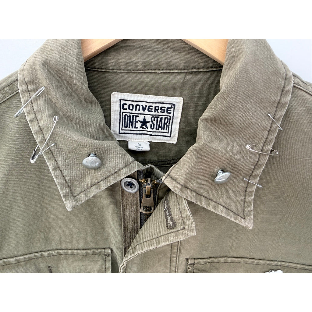 Converse One Star Custom Military Jacket Mens Medium Green Punk Patch Coat