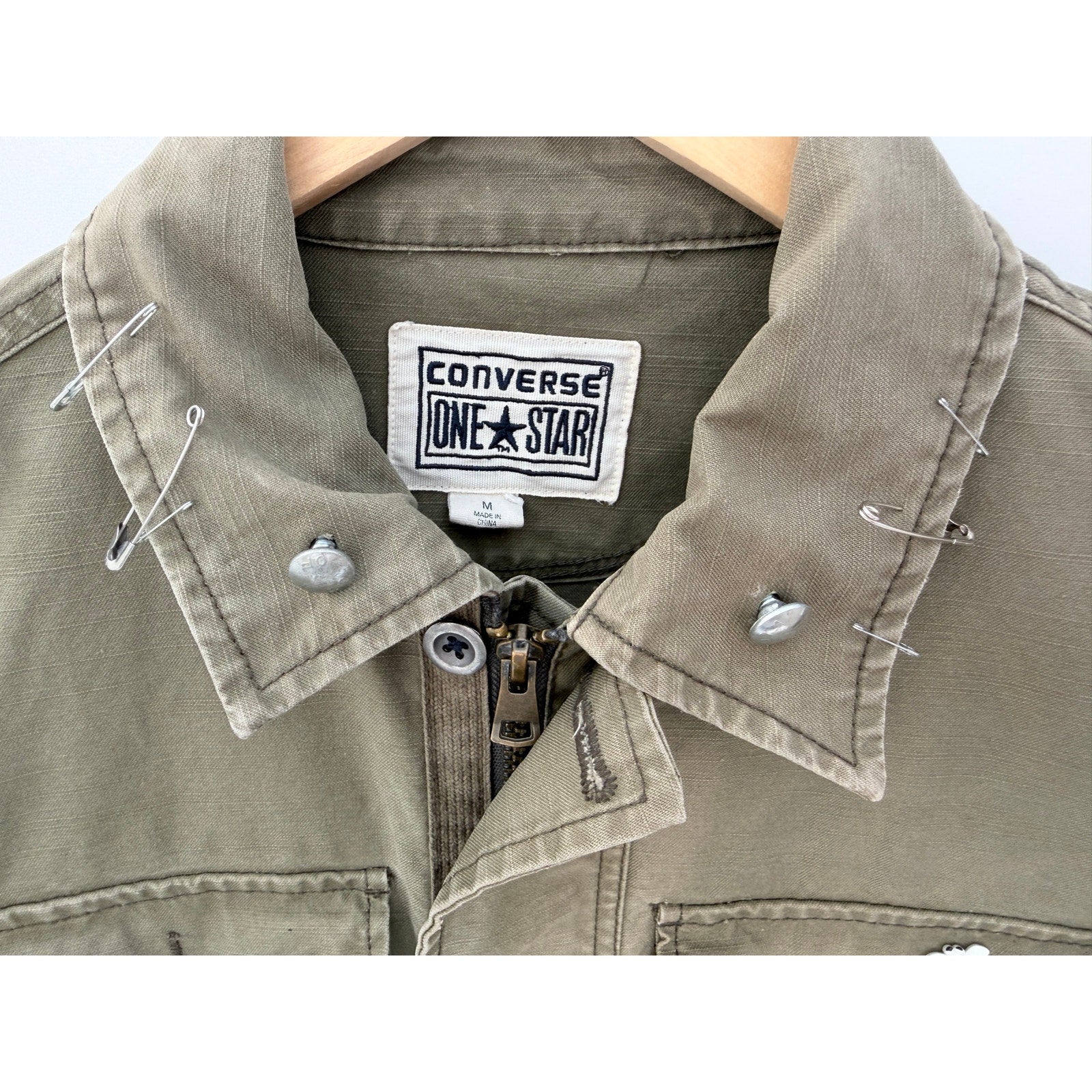 Converse One Star Custom Military Jacket Mens Medium Green Punk Patch Coat