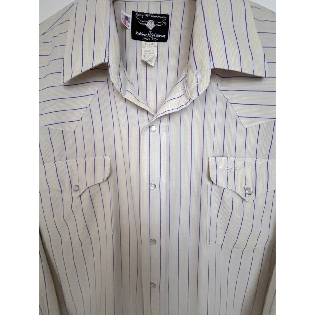 Ruddock Flying R Ranchwear Western Shirt Mens XL White Stripe Pearl Snap USA Made