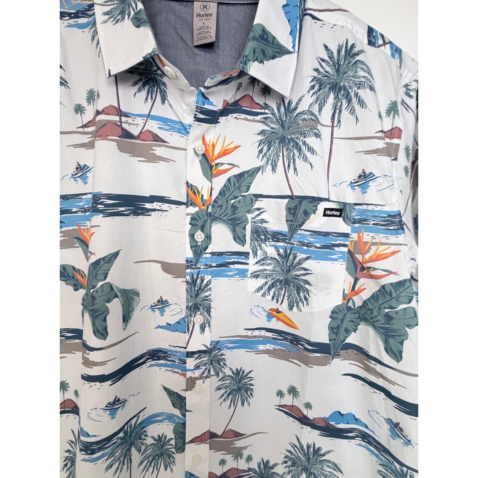 Hurley Hawaiian Shirt Mens Large White Tropical Palm Tree Short Sleeve Button Up