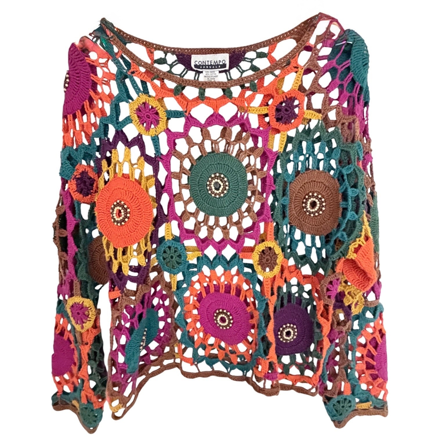 Contempo Casuals Womens OneSize Crochet Open Knit Sweater Multicolor Floral Boho