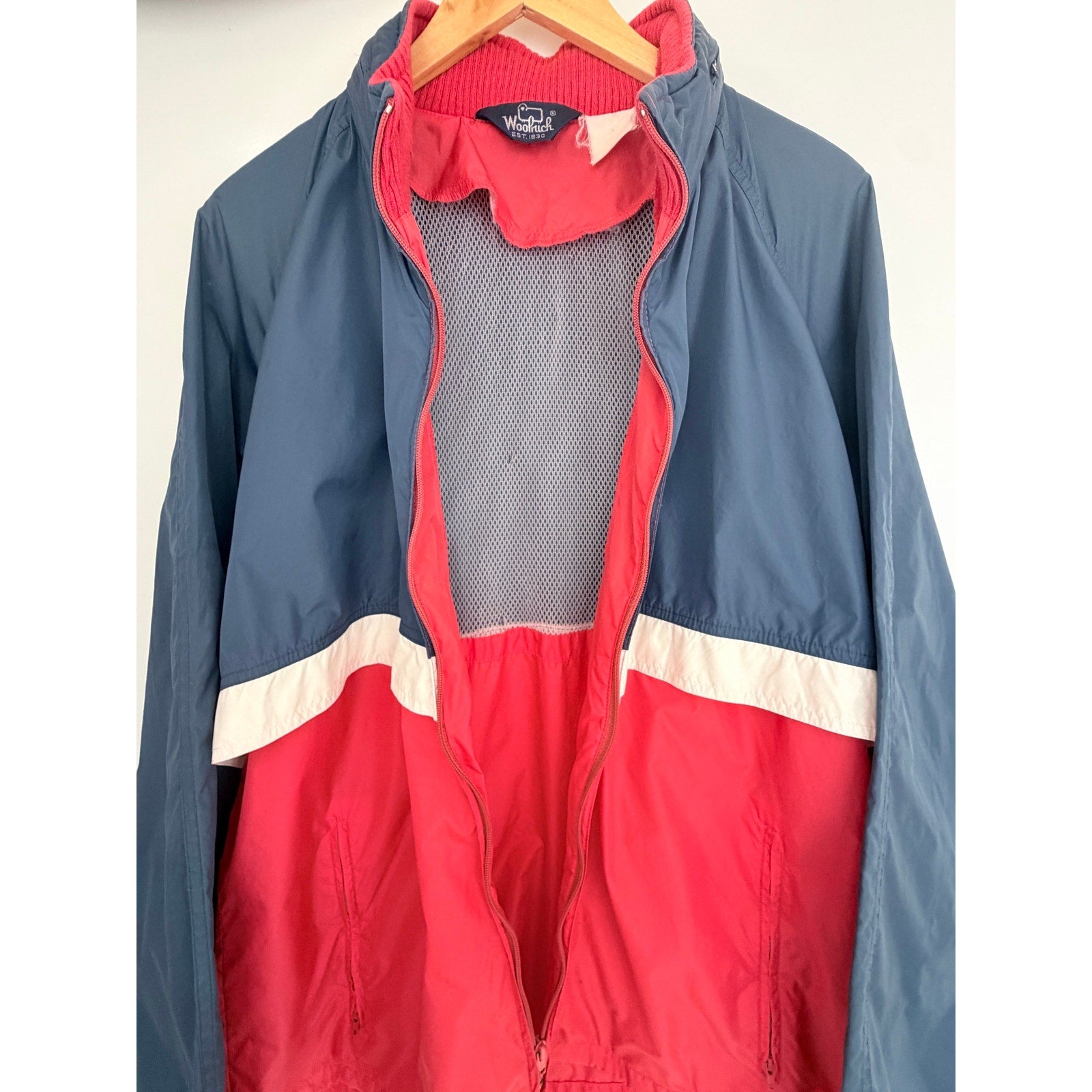 Woolrich Colorblock Windbreaker Jacket Mens Large Blue Red Full Zip Vintage