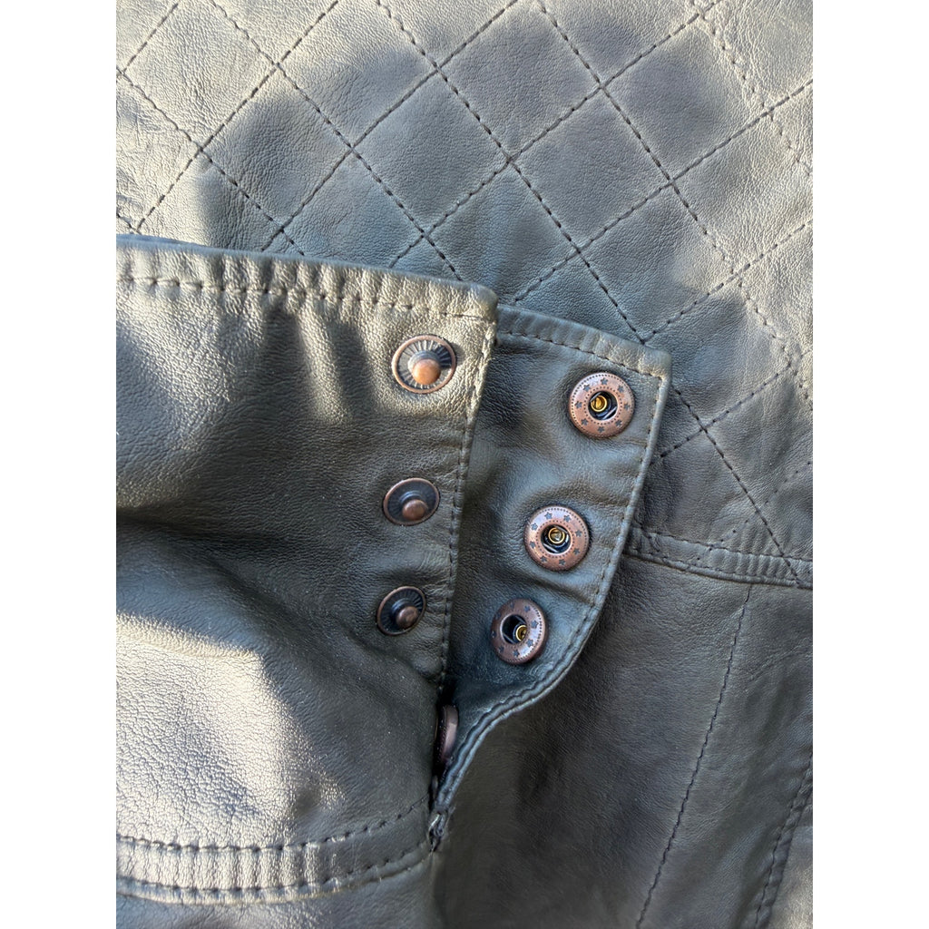 Hei Hei Womens Faux Leather Moto Jacket Olive Green Snap Front