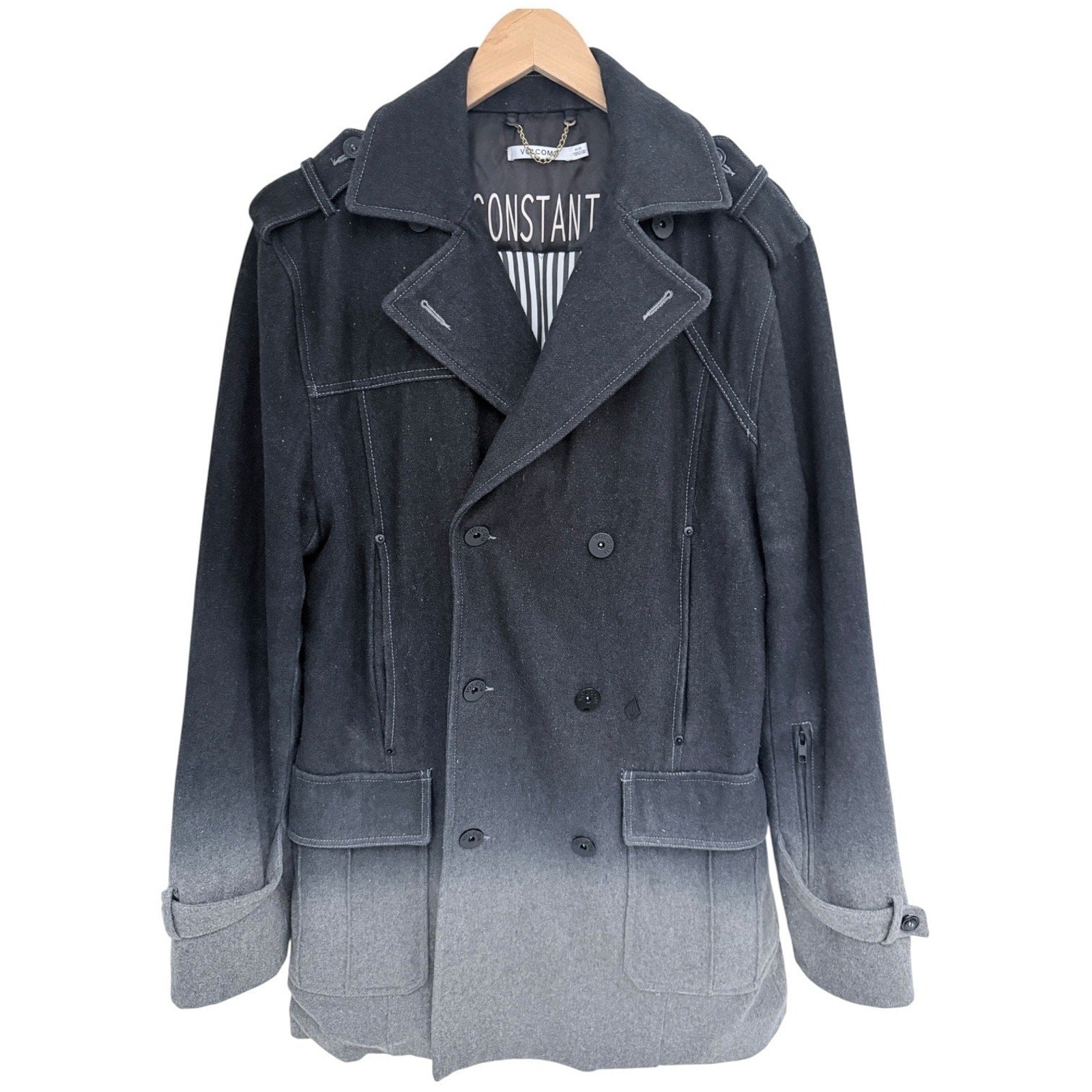 Volcom Peacoat Jacket Mens Medium Gray Ombre Wool Blend Double Breasted Coat