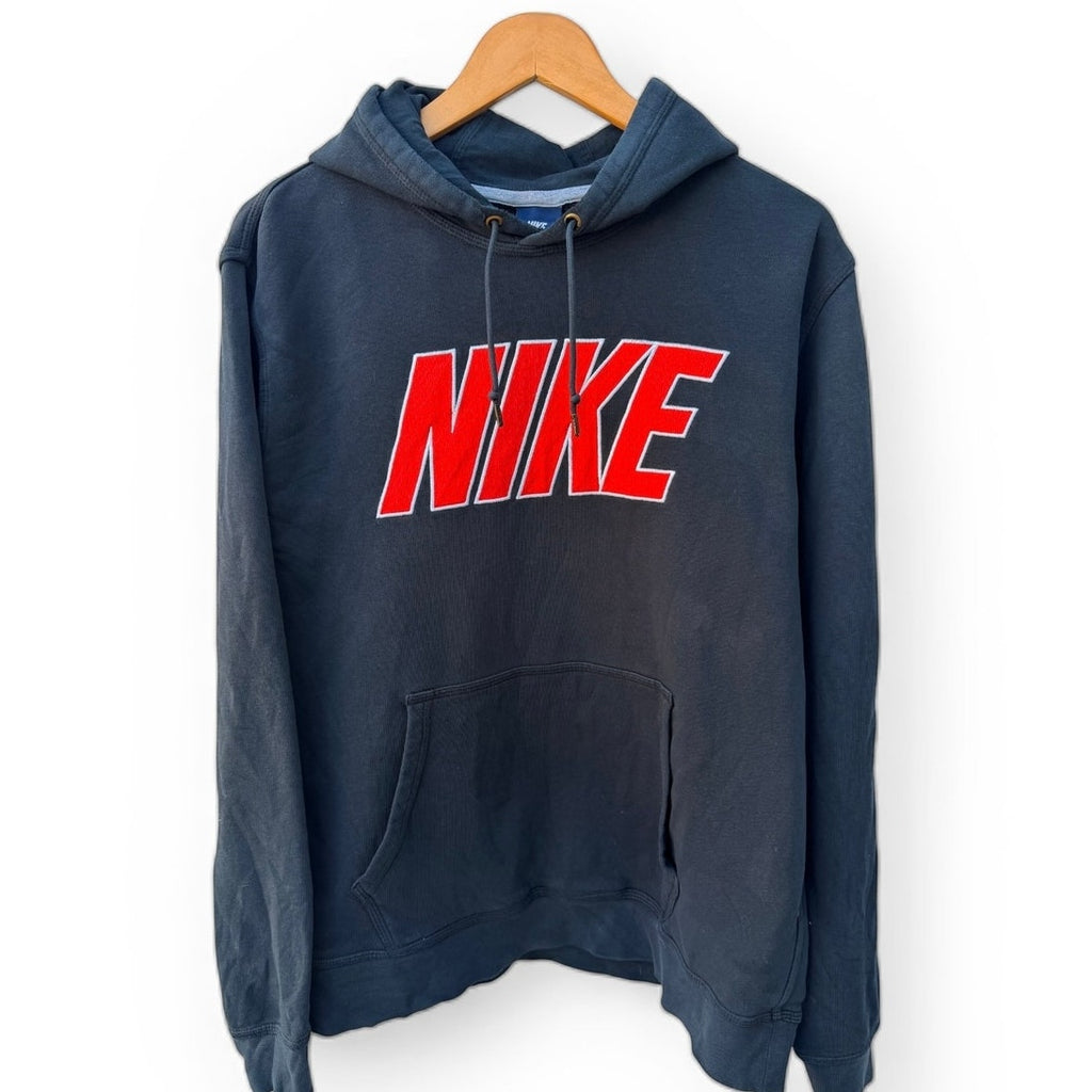 Nike Pullover Hoodie Mens XL Navy Red Spellout Logo Sweatshirt