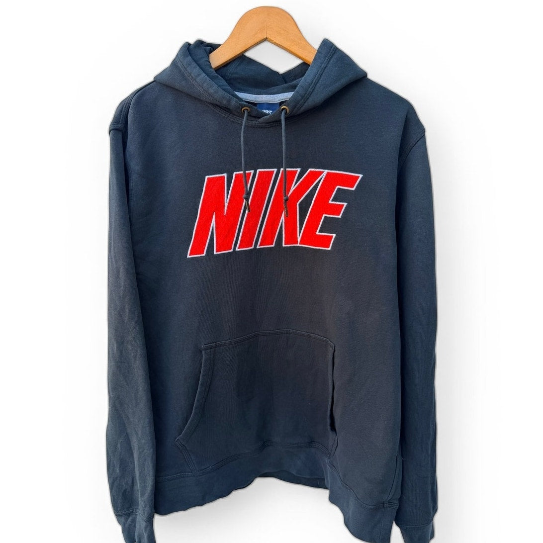 Nike Pullover Hoodie Mens XL Navy Red Spellout Logo Sweatshirt